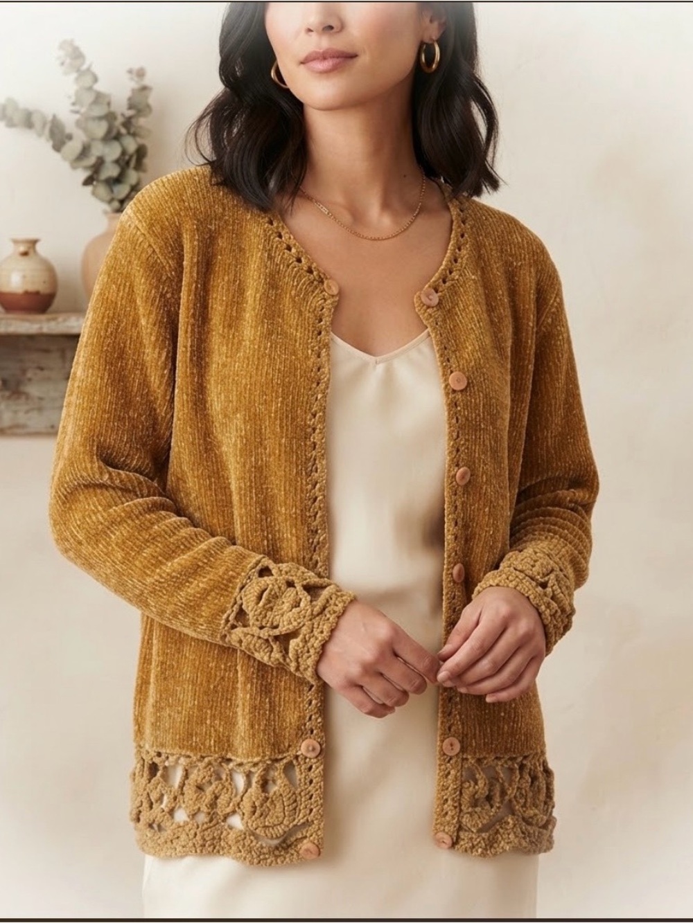 Montparnasse Vintage Brown Chenille Knit & Crochet Trim Cardigan Sweater